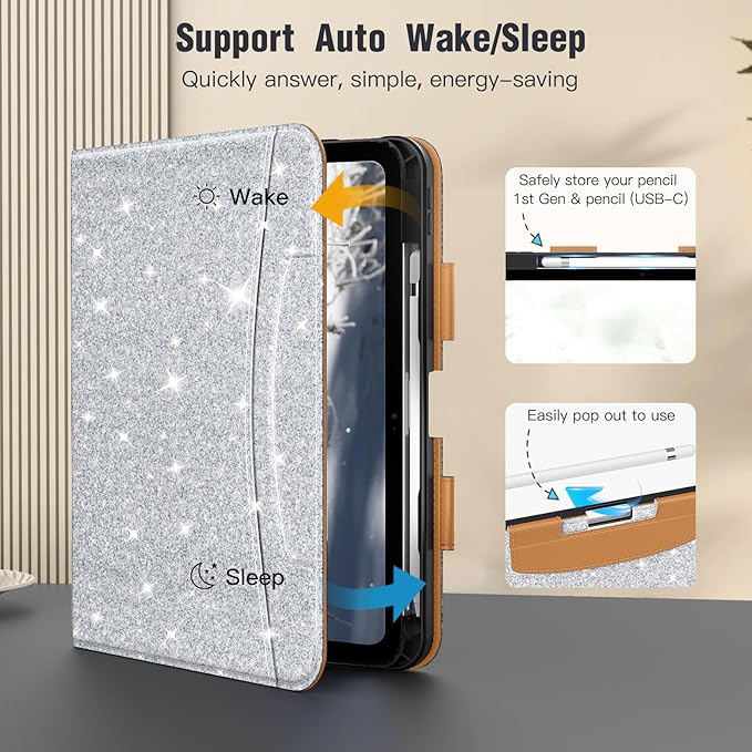 MoKo for iPad (A16) 11th Generation Case 11 inch 2025, iPad 10th Generation Case 10.9" 2022 with Pencil Holder & Pocket, Premium Leather Folio Stand Cover, Multiple Viewing Angles,SparklingWhiteSilver