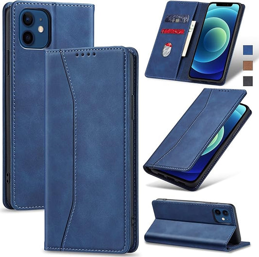 Jasonyu Flip Wallet Case for iPhone 12/12 Pro,Leather Magnetic Folio Cover with Card Holder,Kickstand - TPU Shockproof Durable Protective Phone Case,Blue