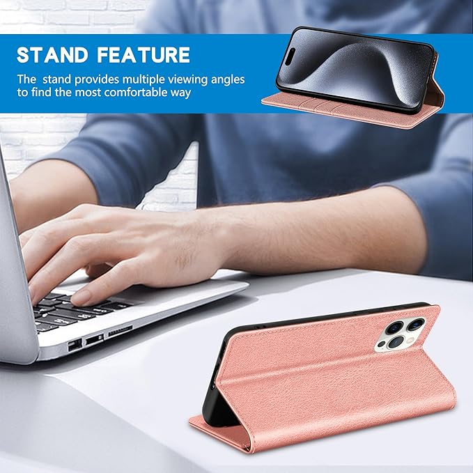 ZZXX for iPhone 15 Pro Wallet Case with [RFID Blocking] Card Slot Stand Strong Magnetic Leather Flip Fold Protective Phone Case for iPhone 15 Pro Case Wallet(Rose Gold-6.1 inch)