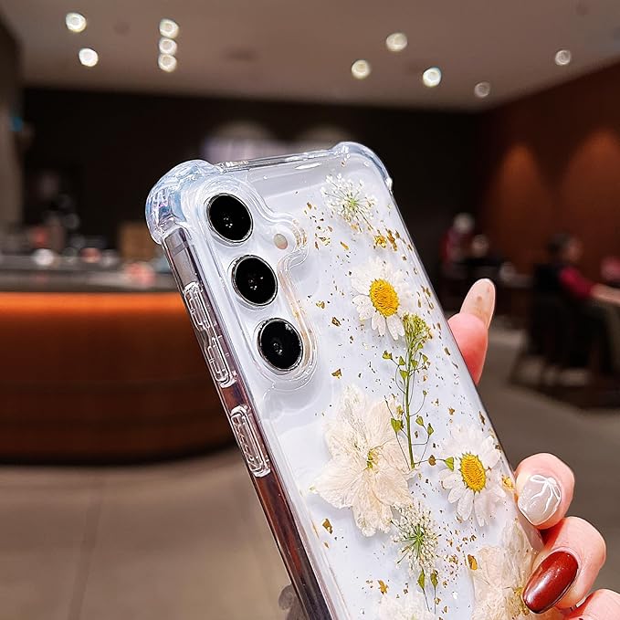 Compatible with Samsung Galaxy S25 Plus Case Cute Pressed Dried Real Flowers Women Girly Shockproof Glitter Floral Clear Phone Cover S25+ (White Flower)