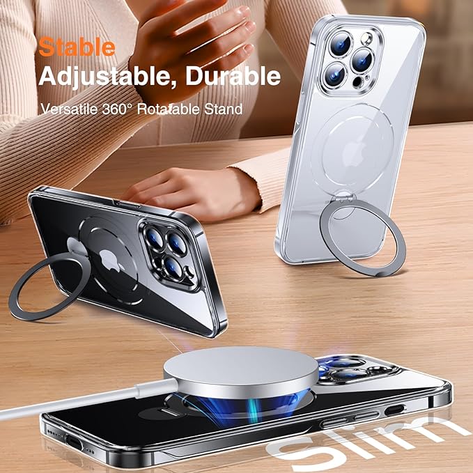 360° O-Ring MagStander for iPhone 14 Pro Case with Magnetic Kickstand Ring Holder [Compatible with MagSafe][360°Rotate Stand Ring][Military Shockproof] iPhone 14 Pro Phone Cover Clear