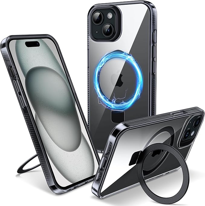 Magnetic Case for iPhone 15 - [Built-in Invisible Stand] [Compatible with MagSafe] [Military Grade Drop Protection] Anti-Yellowing Hard Back Silicone Edge Cover, 6.1", Clear Black