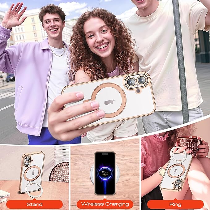 Compatible with Clear iPhone 15 Case with Magnetic Stand [Compatible with Mag-Safe][Full Camera Len Protectors] Shockproof Plating Phone Case for iPhone 15 6.1’’,Desert Gold