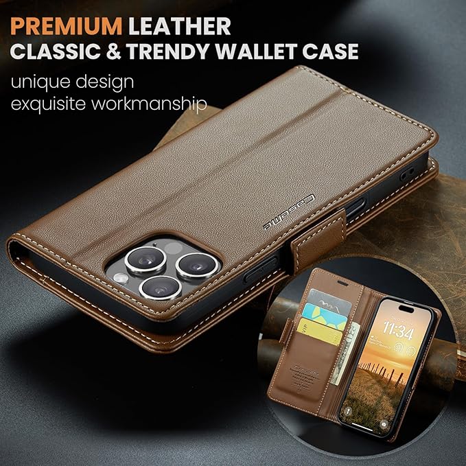for iPhone 16 Pro Case, Premium PU Leather Wallet Case Flip Cover with [RFID Blocking][Card Holder][Stand Function] Shockproof Protective for iPhone 16 Pro 6.3", Brown