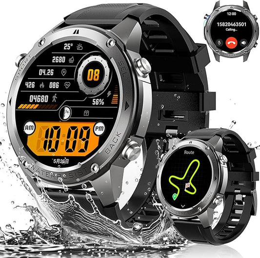 Military Smart Watch for Men GPS 6 Satellite Positioning Compass 164 Feet Water-Resistant for Swimming 500mAh Battery Make Answer Call Rugged Metal Body Smartwatch 1.43" AMOLED Always On Display Watch
