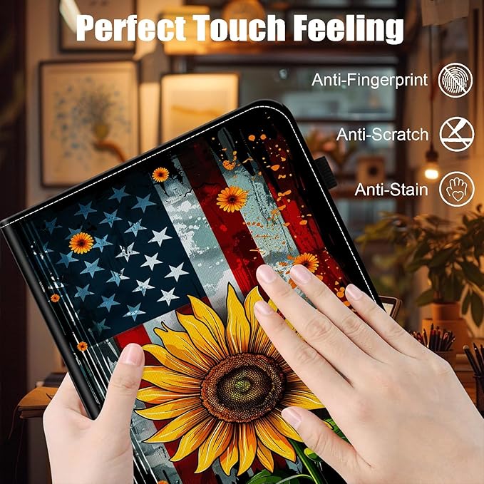 Case for Samsung Galaxy Tab S9 FE 5G 10.9 Inch/Galaxy Tab S9 11 Inch 2023,Card Slot PU Leather TPU Case Pen Holder Auto Wake Sleep,American Flag Sunflower