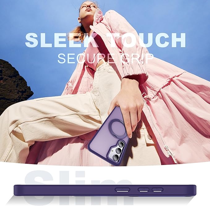 for Samsung Galaxy S23 FE Case with 360° Rotatable Magnetic Ring Stand Compatible with Mag-Safe Military Protection Shockproof Matte Translucent Phone Cases for S23 FE,Dark Purple