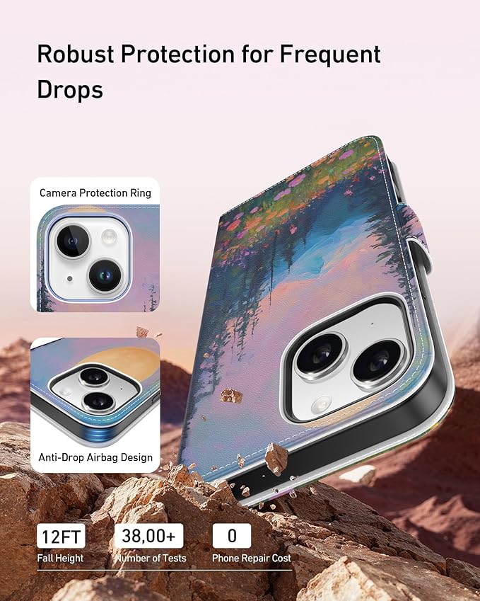 DEENAKIN for iPhone 15 Plus Wallet Case with Card Holder + Cash Clip, RFID-Blocking, Military-Grade Drop Protection, Magnetic Closure with Leather Kickstand - Mountain Blossom Glow