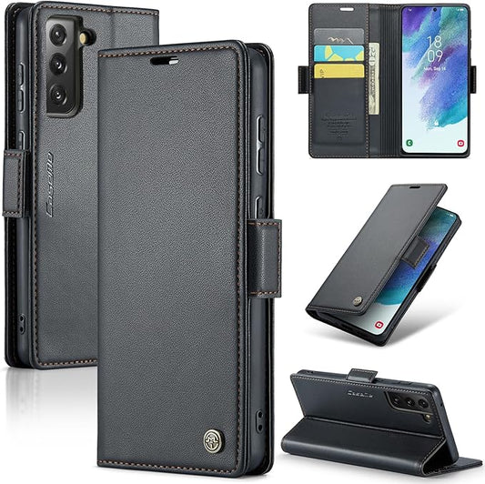 AUPAI for Samsung Galaxy S21 FE Wallet Case with Credit Card Holder, PU Leather RFID Blocking Folio Flip Kickstand Magnetic Clasp Protective Phone Cover for Women Men Black