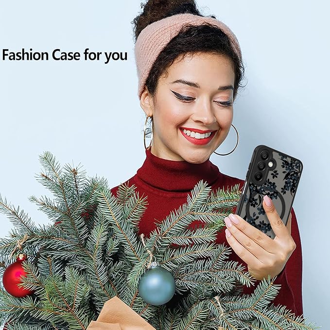 Fiyart Designed for Samsung Galaxy A14 5G Case Matte Flowers Design Compatible with MagSafe Wireless Charging,Cute Floral Anti-Scratch Translucent Phone Cover for Women Girls 6.6"-Black