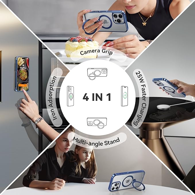 CASEKOO Titanium 360° Rotatable Magnetic Stand for iPhone 16 Pro Max Case [Compatible with Magsafe][16FT Military Protection] Transparent Slim Polished Phone 16 ProMax Case with Stand Ring 6.9'', Blue