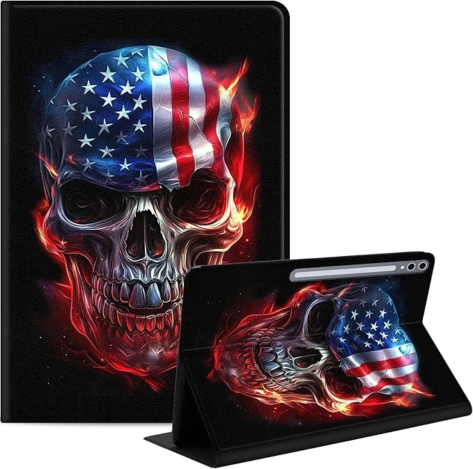 Case for Samsung Galaxy Tab S10 Ultra/Galaxy Tab S9/S8 Ultra 14.6-Inch, Slim PU Leather Stand Cover with Auto Wake/Sleep, Multi-Angle Viewing & Shockproof, Skull American Flag