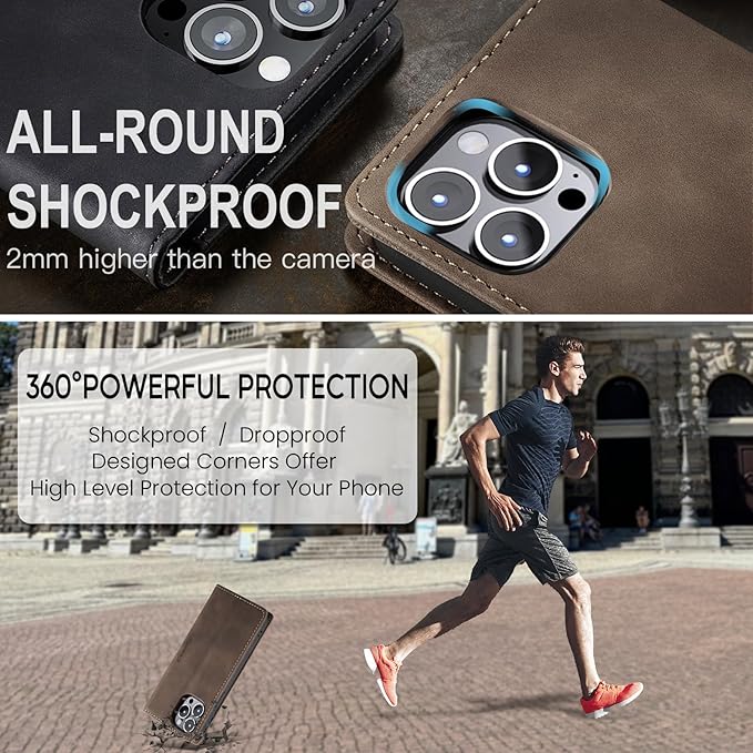 for iPhone 15 Pro Case, Flip Wallet Leather Case with Card Holder Magnetic Closure Shockproof Kickstand Protective Phone Cases Cover for iPhone 15 Pro, Coffee