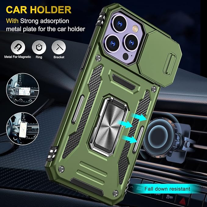 Case for iPhone 14 Pro Phone Case iPhone 14 Pro Case with Kickstand Ring Holder, with Camera Cover, with Magnetic Car Mount Function, for iPhone 14 Pro (Olive Green)