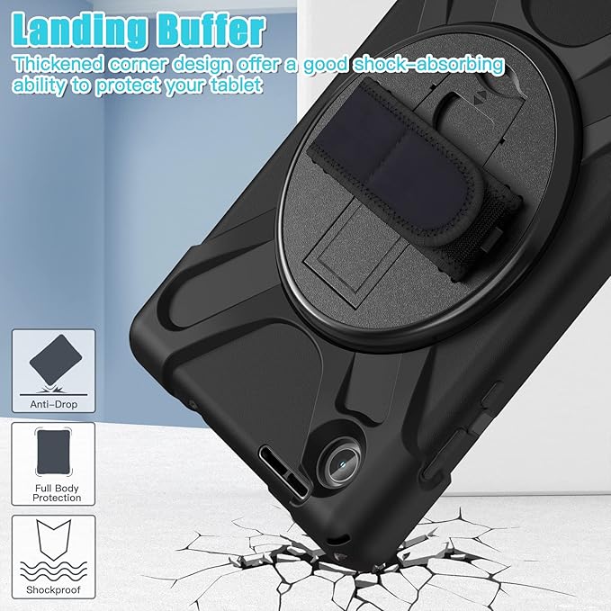 TSQQST Case for Lenovo Tab M8 4th Gen 2024/2023 Model TB301XU/TB-300FU for Kids | Full Body Protection Case with [360 Rotating Stand] & Hand Strap Function Cover for Lenovo M8 Tablet | Black