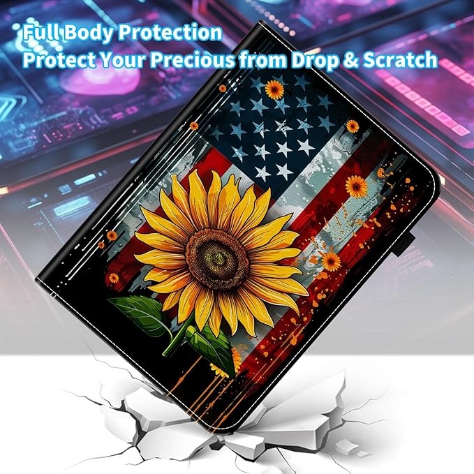 Case for Samsung Galaxy Tab A9 Plus/A9+ 5G 11 Inch 2023 Model (SM-X210/X216/X218),Card Slot PU Leather TPU Case Pen Holder Auto Wake Sleep,American Flag Sunflower