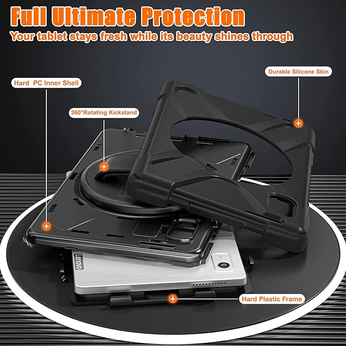 DreamerX for Lenovo Tab M9 Case 9.0 inch TB-310FU/TB-310FX, Heavy Duty Rugged Silicone Drop Protective Kids Cover with 360 Rotating Stand Handle Hand Strap Carrying Shoulder Strap Pencil Holder, Black