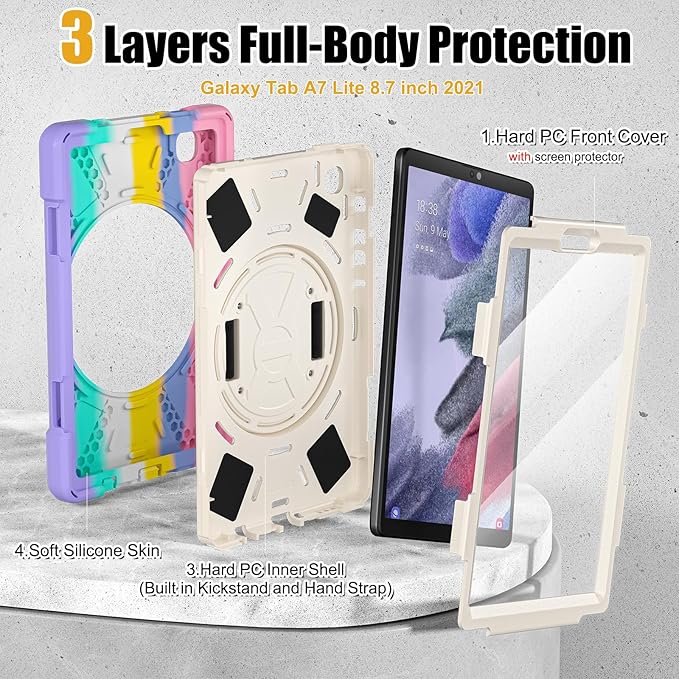BRAECNstock Kids Case for Samsung Galaxy Tab A7 Lite 8.7 inch 2021(SM-T220/T225/T227) Shockproof Protective Tab A7 Lite Cover with Screen Protector Rotating Hand Strap+Stand Pen Holder - Colorful Pink