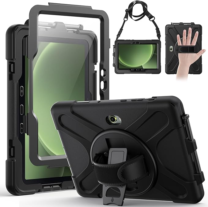 Gerutek Case for Samsung Galaxy Tab Active 5Pro 2025/Tab Active4 Pro 2022/Active Pro 2019 10.1", Heavy Duty Shockproof Drop Protection Case with Screen Protector 360° Stand,Hand/Shoulder Strap,Black