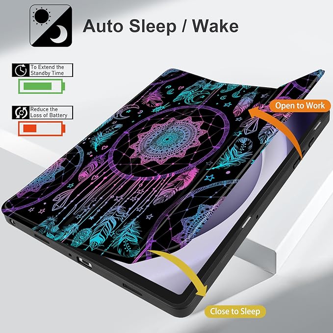 MEEgoodo Case for Samsung Galaxy Tab A9 Plus 11 inch Cover 2024 2023 with S Pen Holder, A9+ Smart Tablet Cases with Leather Trifold Stand+Soft TPU Back Shell+Smart Auto Wake/Sleep, Dreamcatcher