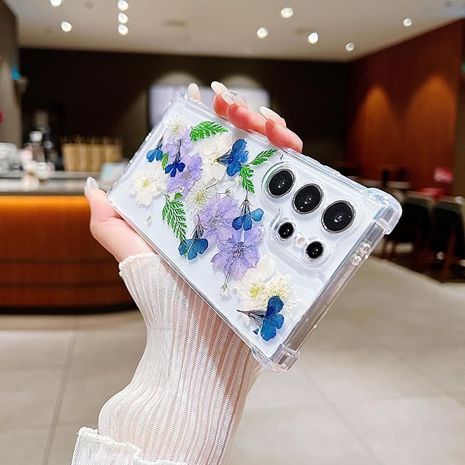 Compatible with Samsung Galaxy S23 Ultra Case Cute Pressed Dried Real Flowers Design Women Girly Shockproof Soft TPU Floral Clear Phone Cover for Galaxy S23 Ultra (Purple Flower)