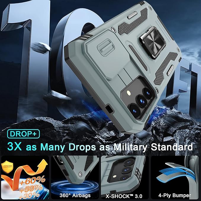 DEERLAMN Case for Samsung Galaxy S24+ Plus with Slide Camera Cover+Screen Protector (1 Pack), Rotated Ring Kickstand Military Grade Shockproof Protective Cover-Grey