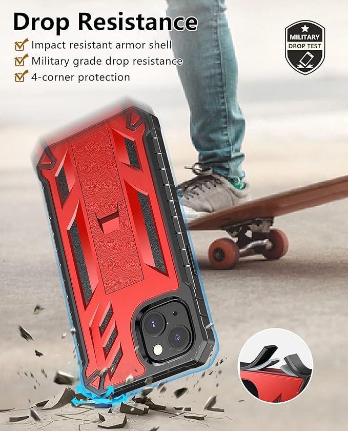 for iPhone 13/14 Protective Case: for iPhone 16e Cover with Built-in Kickstand | Heavy Duty Military Grade Hard Protection Shock Proof | Durable Dual-Layer Design Red