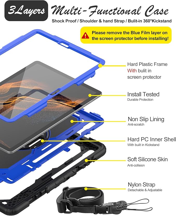 Case for Samsung Galaxy Tab S8 Plus 2022/S7 FE/S7 Plus 5G 12.4-inch Tablet Case Protective [with Screen Protector], Rotatable Kickstand, S Pen Holder, Hand/Shoulder Strap (Blue)