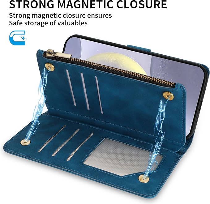 ZZXX for Samsung Galaxy S24 Plus Wallet Case with RFID Blocking Card Slot PU Leather Zipper Flip Folio with Strap Kickstand Protective Cover for Samsung Galaxy S24+ Case Wallet(Blue-6.7 inch)