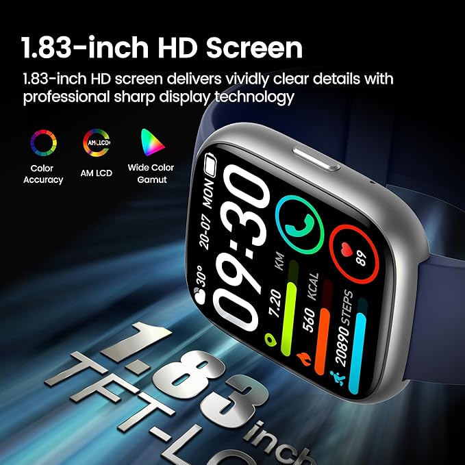 Smart Watch with Alexa Built-in, 1.83" HD Touchscreen Fitness Tracker with Bluetooth Calling, Fitness Watch with Heart Rate/Sleep Monitor/120+ Sports, IP68 Waterproof Smartwatch for Android iOS, Blue