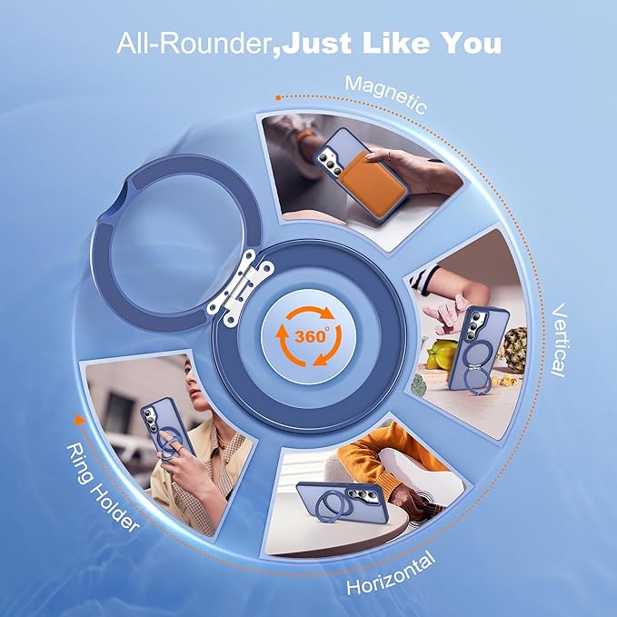 for Samsung Galaxy S24 FE Case with 360° Rotatable Magnetic Ring Stand Compatible with Mag-Safe Military Protection Shockproof Matte Translucent Phone Cases for S24 FE,Blue