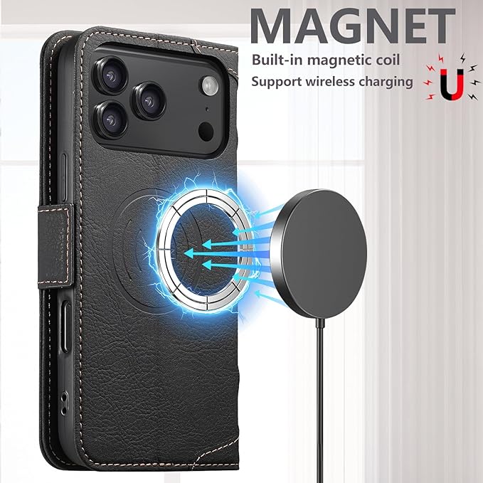 Leather Magnetic Wallet Case for iPhone 17 Pro Max Compatible with MagSafe & Wireless Charging, 3 Card Slots & ID Holder, Kickstand, 360° Military Shockproof Protection Premium Black