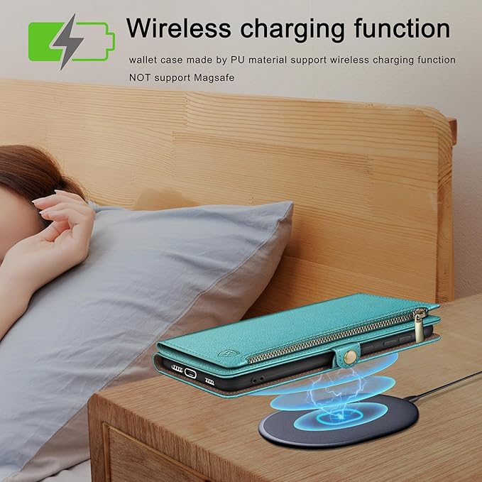 XcaseBar Compatible with iPhone 17 6.3" Wallet case with Zipper Credit Card Holder【RFID Blocking】,Flip Folio Book PU Leather Phone case Shockproof Cover Women Men for Apple 17 case Blue Green