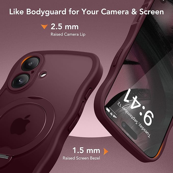 for iPhone 16 Case, [Compatible with Magsafe][360° Spin Magnetic Stand][Military-Grade Protection][Camera Control][Cute Wave Edge]Translucent Matte Women Phone Cover for iPhone 16, Wine Red