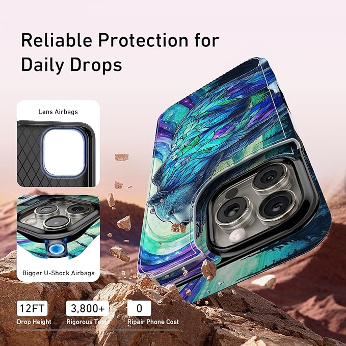 FUNMIKO for iPhone 13 Pro Wallet Case with Card Holder, RFID-Blocking, Military-Grade Protection & UV-Printed Artwork, Magnetic Closure with Leather Kickstand - Prismatic Aurora Bear