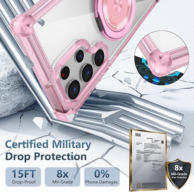 for Samsung Galaxy S25 Ultra Case Compatible with MagSafe Magnetic,with Screen Protector,with Kickstand Ring Military Grade Drop Heavy Duty Protection Shockproof for S25 Ultra Phone Case Pink