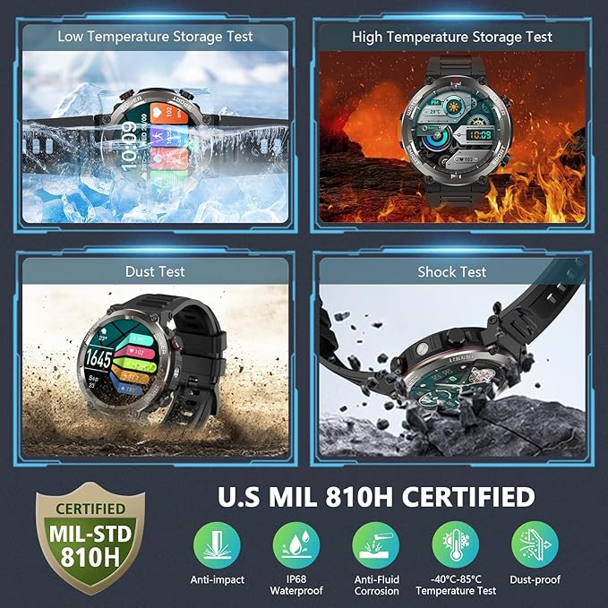 Military Smart Watch for Men, 100 Days Battery/Led Flashlight/Compass/2 Straps/IP68 Waterproof Smart Watches for Men, Tactical Smart Watch Outdoor, Answer/Make Calls Fitness Tracker for iPhone/Android