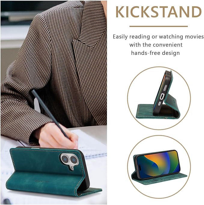 QLTYPRI for iPhone 16 Case Wallet with Card Holder, Vintage PU Leather Kickstand Magnetic Closure Shockproof Folio Book Cover Case for iPhone 16 - Retro Green