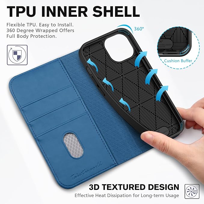 TUCCH Case for iPhone 15 Wallet Case 6.1", Kickstand PU Leather Folio Cover with RFID Blocking 3 Card Slots, Stand Book Design [Shockproof TPU Interior Case] Compatible with iPhone 15 2023, Light Blue