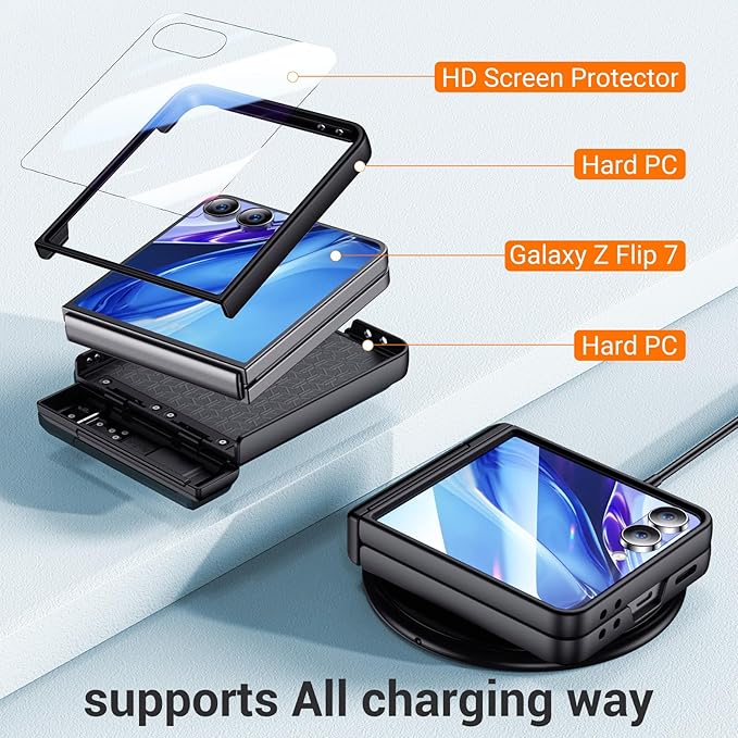Temdan for Samsung Galaxy Z Flip 7 Case with [Built-in Front Screen Protector] [Kickstand][Hinge Protection][Hard PC] Ultra-Thin Shockproof Protective Phone Case for Galaxy Z Flip 7-Black