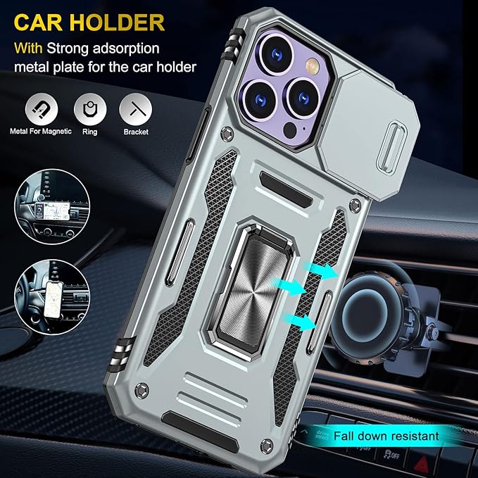 Phone Case for iPhone 14 Pro Max Case with Kickstand Ring Holder, with Camera Cover, with Magnetic Car Mount Function, for iPhone 14 Pro Max (Grey)