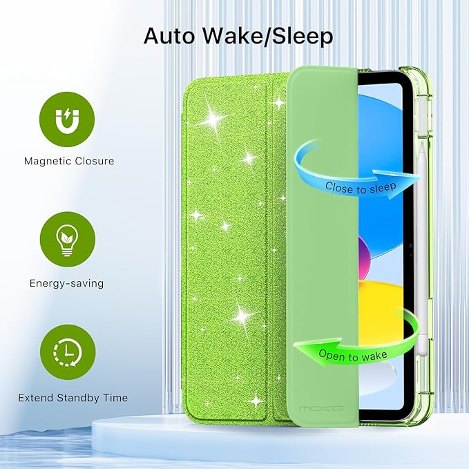 MoKo for iPad (A16) 11th Generation Case 11 Inch 2025, iPad 10th Gen Case 10.9 Inch 2022 with Pencil Holder, Slim Light Trifold Protective Cover with Hard PC Translucent Back Shell, Glitter Grape