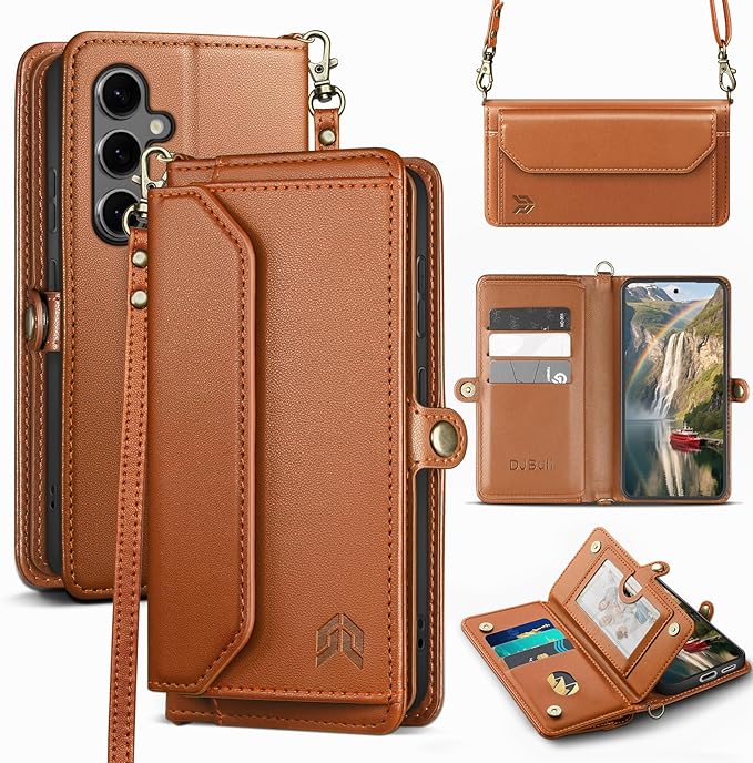 DJBull for Samsung Galaxy S25 Wallet Case with Card Holder, Shoulder and Wristlet Straps, Soft PU Leather, Magnetic Snap, Flip Phone Case for Women Men for Samsung S25 Light Brown