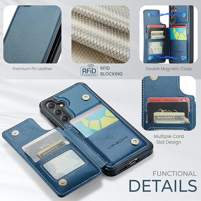 Vinich for Samsung Galaxy S24 FE Wallet Case with Card Holder, RFID Blocking Credit Slots Kickstand Shockproof Phone Cover for Women Men, Blue