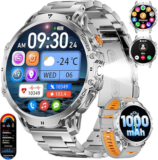 Smartwatch for Men with Bluetooth Calling,1.85” HD Display Fitness Tracker with 100+ Sports Modes, IP68 Waterproof Rugged Military Heart Rate Monitor Built-in LED Flashlight Smartwatch for Android iOS