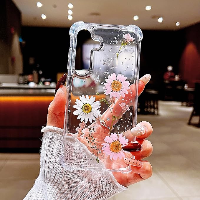 Compatible with Samsung Galaxy S25 Case Cute Pressed Dried Real Flowers Design Women Girly Shockproof Glitter Floral Clear Phone Cover for Galaxy S25 (Pink Flower)