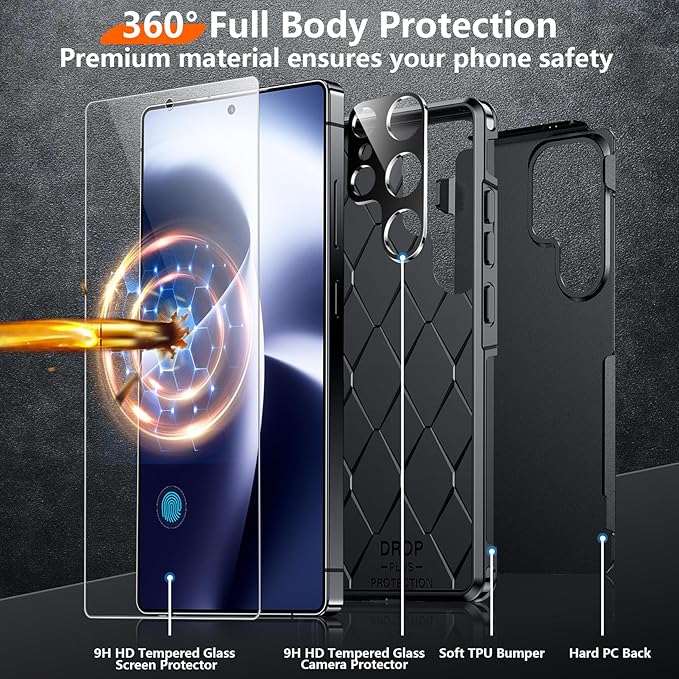 Red2Fire for Samsung Galaxy S25 Ultra Case, [Military Grade Drop Protection] Heavy Duty Full Body Shockproof Protection Non-Slip Phone Case for S25 Ultra Case 6.9 inch Black