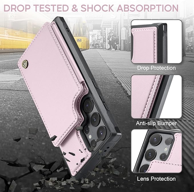 Vinich for Samsung Galaxy S24 Ultra Wallet Case with Card Holder, RFID Blocking Credit Slots Kickstand Shockproof Phone Cover for Women Men, Pink