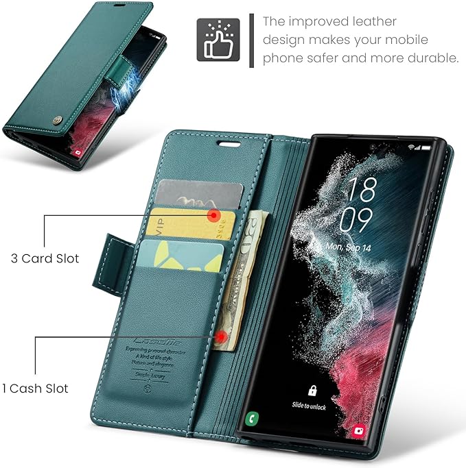 Case for Samsung Galaxy S22 Ultra Wallet Case, RFID Blocking PU Leather Flip Folio Cover Card Holder Kickstand Shockproof Phone Case Compatible with Samsung Galaxy S22 Ultra, Blue Green