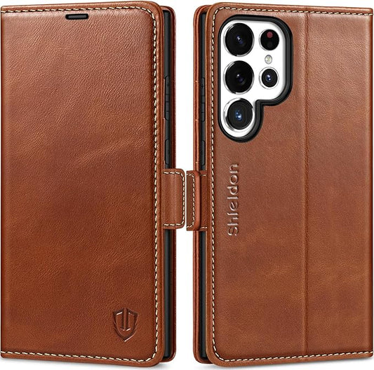 SHIELDON Case for Galaxy S25 Ultra 6.9" 2025, Genuine Leather Flip Wallet Book Case Magnetic RFID Blocking Credit Card Holder Kickstand Shockproof Cover Compatible with Galaxy S25 Ultra - Retro Brown